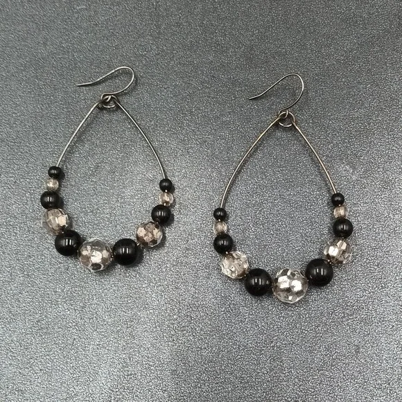 Pierced Earrings Gun Metal Gray Teardrop Wire Loop Acrylic Beaded Dangle 2" - Picture 9 of 10